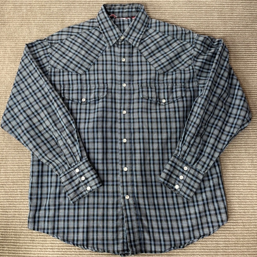 Mens Plaid Western Snap Shirt Black Blue Grey Long Sleeve Pearl Snap Cowboy Sz M